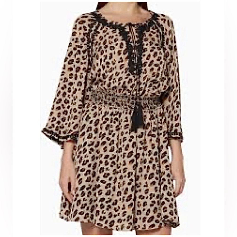 KOBI HALPERIN Boho Leopard Print Dress with Black Accents size Large